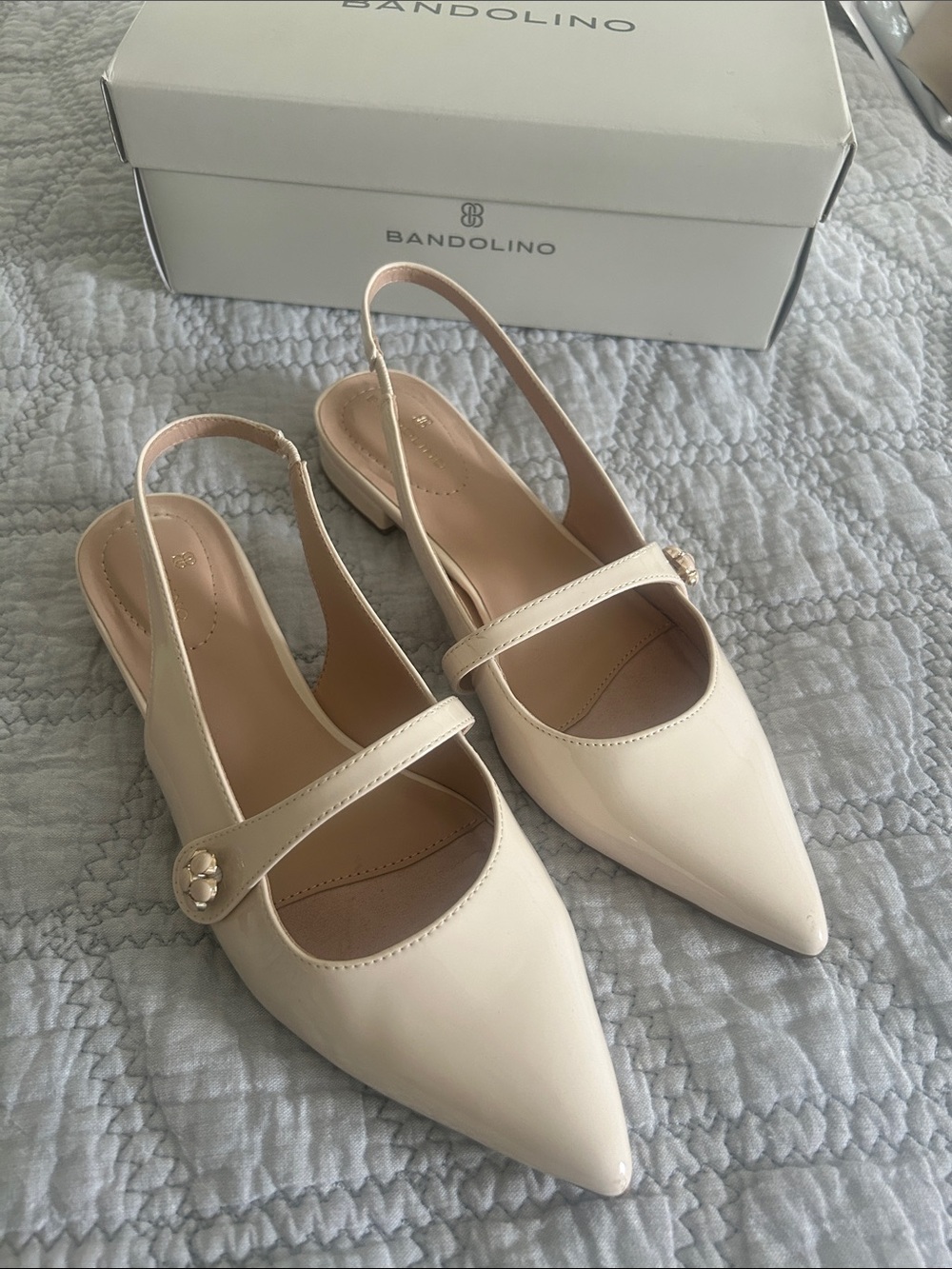 Bandolino Cream Pointed-Toe Slingback Flats with decorative Mary-Jane Strap